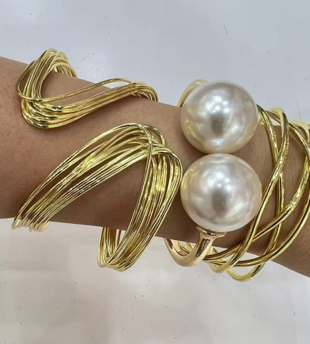 Moonlit Path- A Layered Gold Wire Pearl Wrap