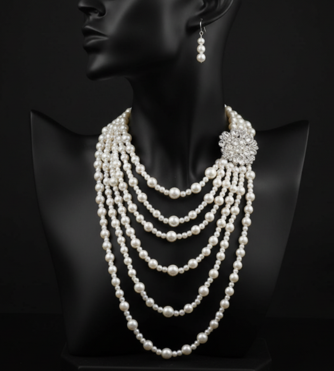 Aloura – Multi Strand Pearl Statement Necklace & Earring Set