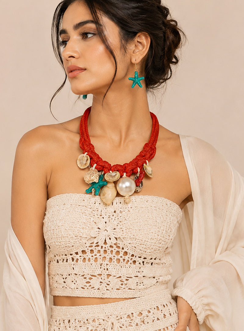 CORAL TIDE- A SEASHELL PEARL CHOKER & EARRINGS SET